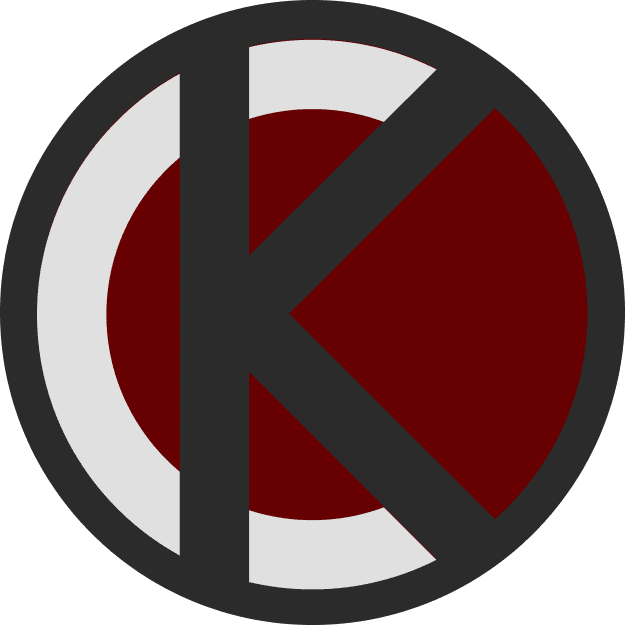 A bold black letter "K" is superimposed over a dark red circle outlined in gray, forming a modern logo that reflects precision and expertise—ideal for an Infrastructure Cost Estimating brand—on a light gray background.