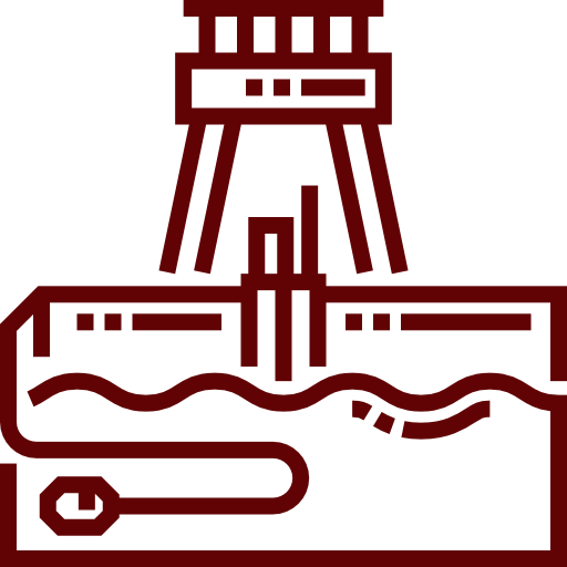 Line art icon of an oil drilling rig extracting oil from underground, depicted with pipes and surface equipment in a minimalist style, ideal for illustrating Infrastructure Cost Estimating in energy projects.