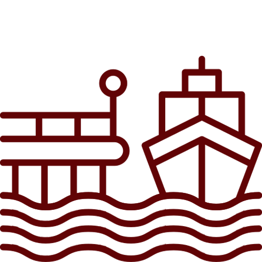 Icon of a ship docked at a pier with waves in the foreground, depicted in a simple, red line-art style—ideal for illustrating Infrastructure Cost Estimating in maritime contexts.