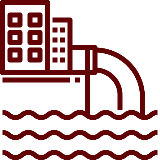 Icon of a factory or building with pipes discharging into a body of water, illustrating wastewater discharge and highlighting Infrastructure Cost Estimating related to water pollution management.