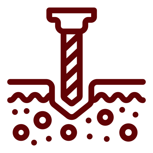 Red outline icon of a screw being drilled into a surface with dotted texture, symbolizing drilling or inserting a screw—ideal for illustrating Infrastructure Cost Estimating processes involving installation.
