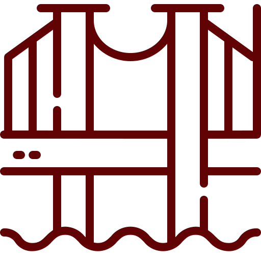 Red outline icon of a bridge over water, with vertical and horizontal lines representing the structure and wavy lines below for water—ideal for illustrating topics like Infrastructure Cost Estimating.
