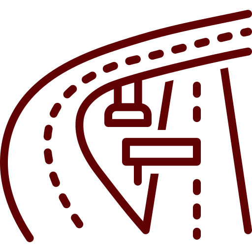 Icon of a curved highway or road with dashed lines and overpasses, depicted in a simple maroon outline style—perfect for illustrating Infrastructure Cost Estimating concepts.