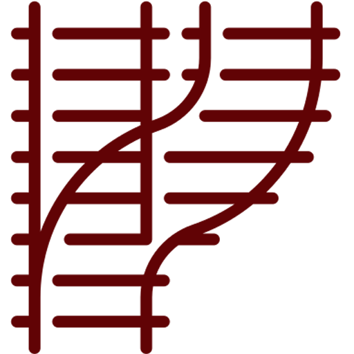 A diagram of parallel horizontal lines intersected by two curved lines, representing a railroad track switch or track divergence, often used in Infrastructure Cost Estimating.