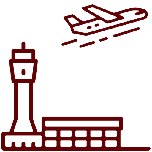 Red outlined icon featuring an airport with a control tower and a plane taking off above the terminal, symbolizing Infrastructure Cost Estimating for aviation projects.