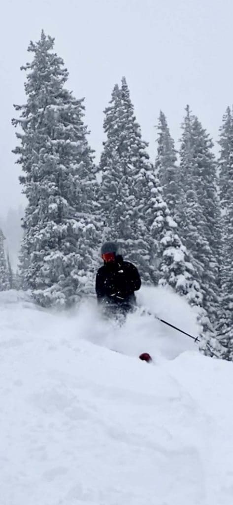 A skier wearing dark clothing and a helmet moves through deep powder snow, with snow-covered evergreen trees in the background.
