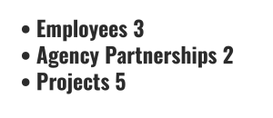 - Employees: 3 - Agency Partnerships: 2 - Projects: 5—including Independent Cost Estimating.