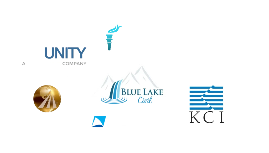 A collage of various logos, including Unity, Blue Lake Casino, Independent Cost Estimators, KCI, and others on a white background.
